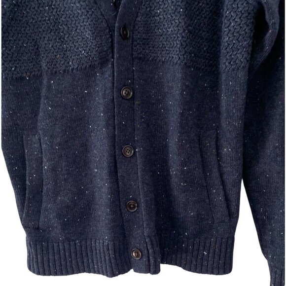 Frank & Oak Heavy Wool Cardigan Navy Blue with Brown Elbow Patches - Picture 2 of 7